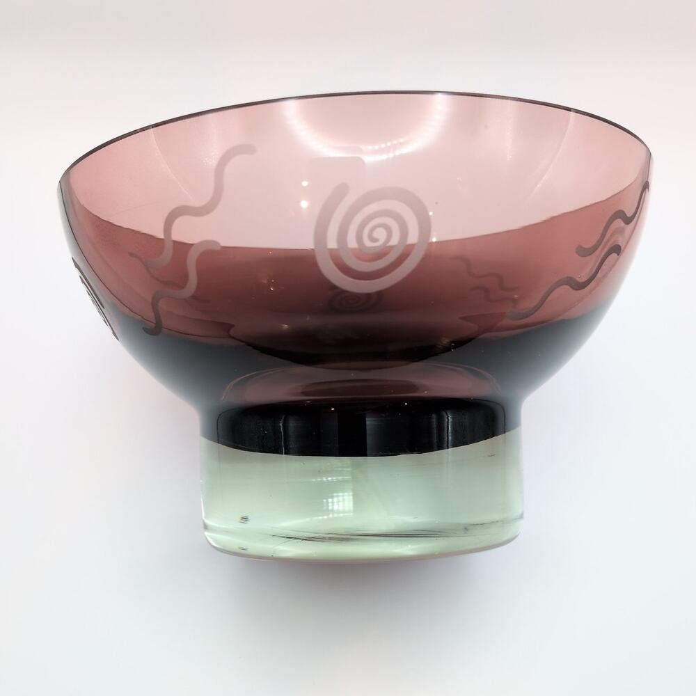 VTG 80s/90s Art Glass Purple Small Pedestal Bowl Memphis Style Swirl Signed 6.5"